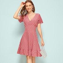 Romwe Polka Dot V-neck Ruffle Hem Dress