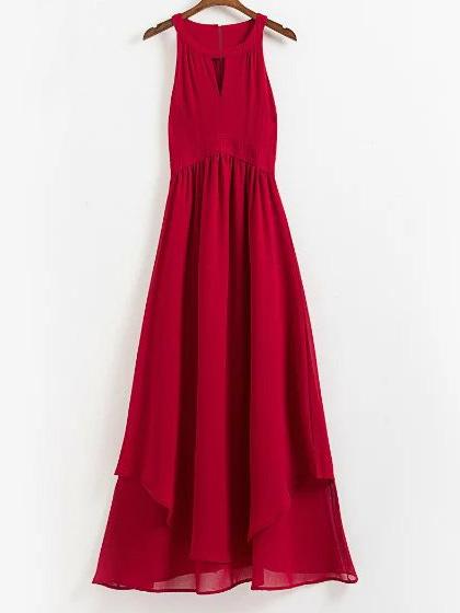 Romwe Red Sleeveless Cut Out Front Chiffon Maxi Dress