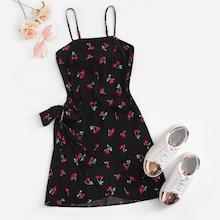Romwe Knot Open Back Cherry Print Cami Dress