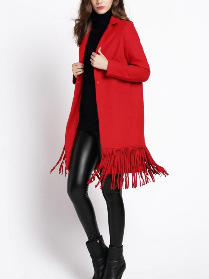 Romwe Lapel Button Tassel Long Coat