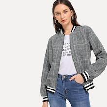 Romwe Varsity Striped Plaid Jacket