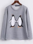 Romwe Grey Penguin Print Cute Sweatshirt