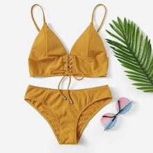 Romwe Lace-up Spaghetti Strap Top With Ribbed Bikini Set