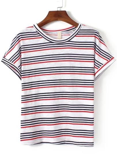 Romwe Round Neck Striped Red T-shirt