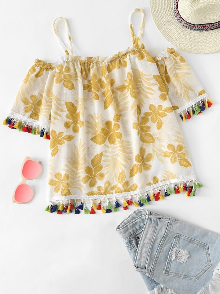 Romwe Open Shoulder Fringe Trim Top