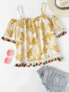 Romwe Open Shoulder Fringe Trim Top