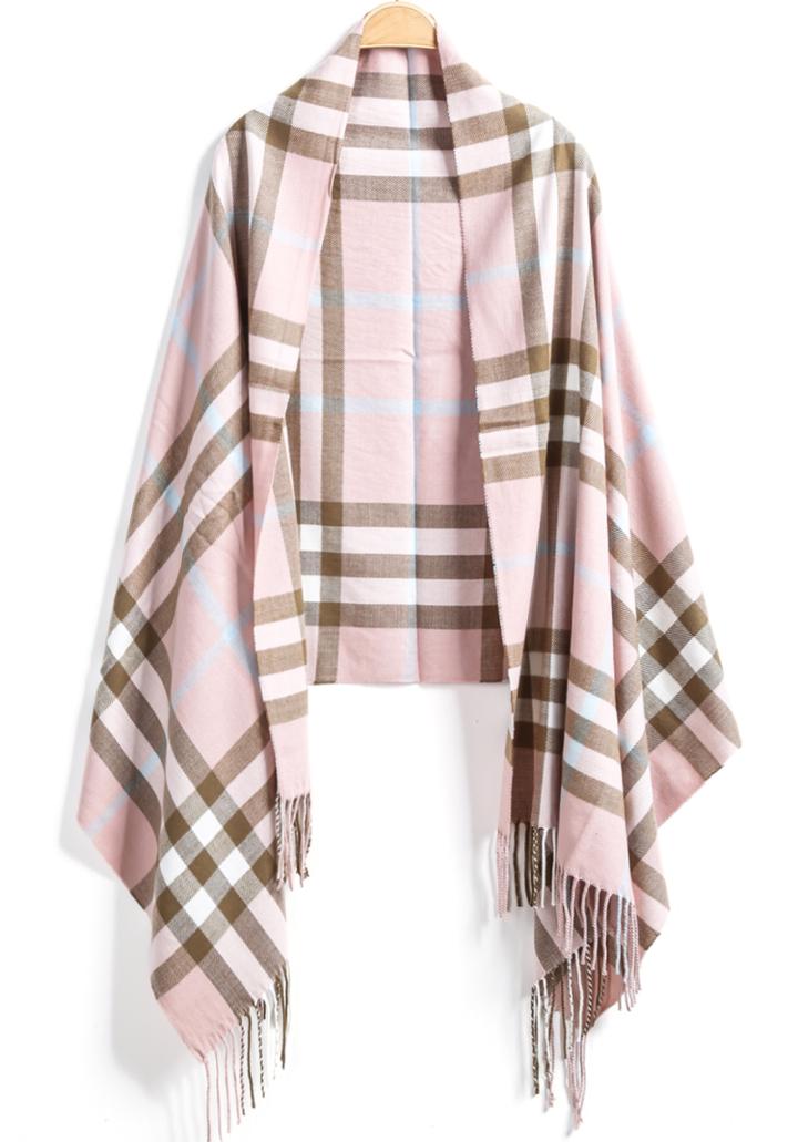 Romwe Check Print Tassel Pink Scarves
