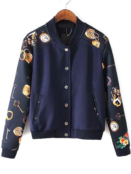 Romwe Contrast Sleeve Key Print Navy Jacket