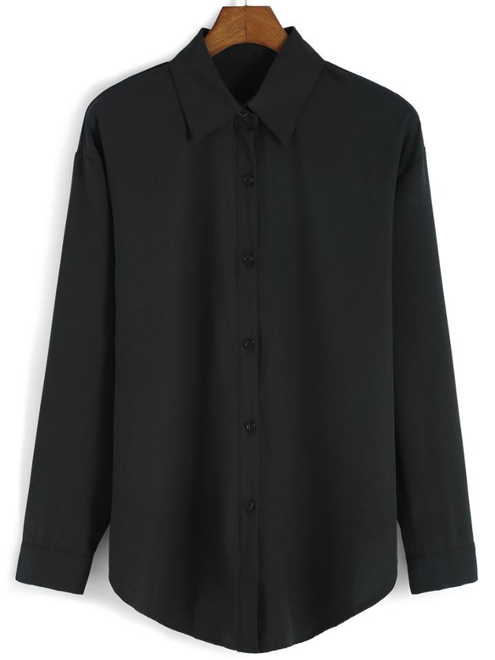 Romwe Lapel Buttons Black Blouse
