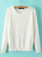 Romwe Bead Flouncing Crop White Sweater