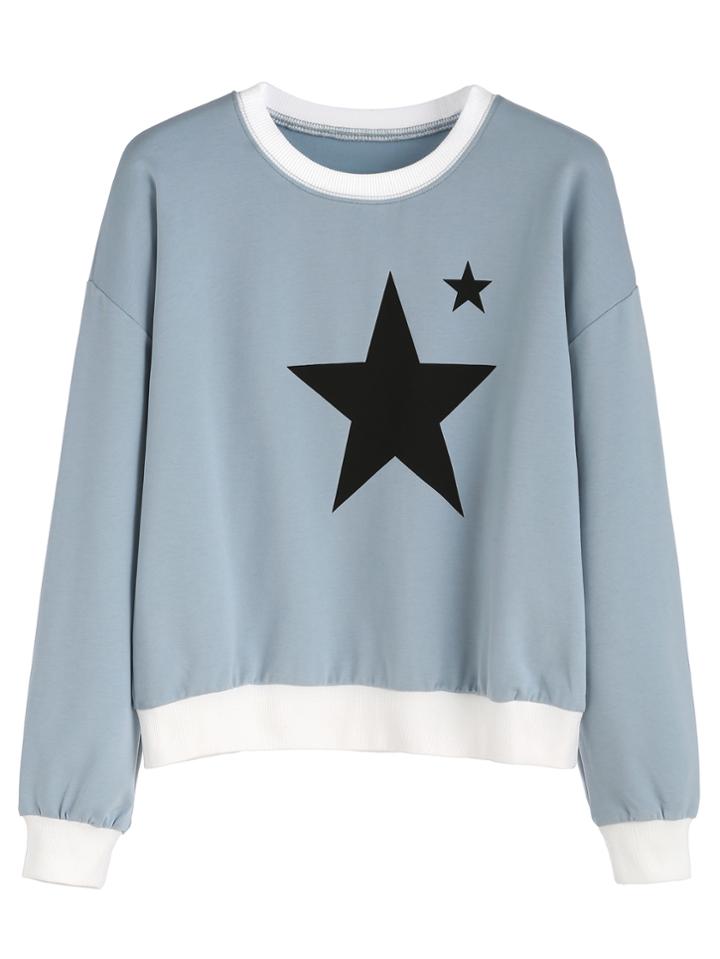 Romwe Blue Contrast Trim Pentagram Print Drop Shoulder Sweatshirt