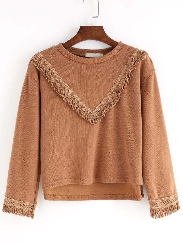 Romwe Dip Hem Fringe Khaki Sweatshirt