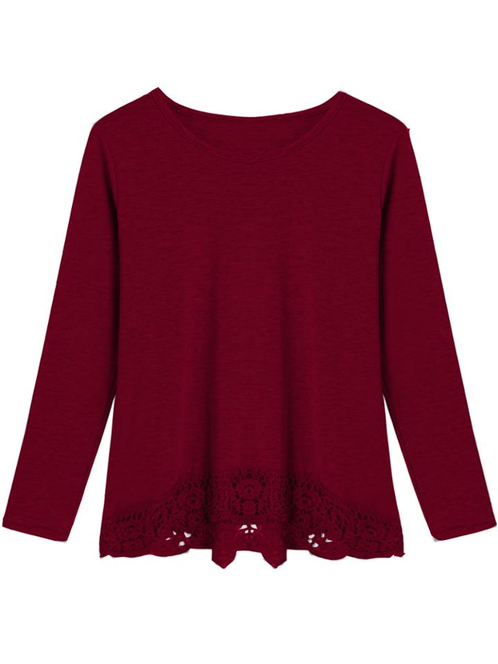 Romwe Long Sleeve Lace Crochet Hollow Burgundy T-shirt