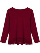 Romwe Long Sleeve Lace Crochet Hollow Burgundy T-shirt
