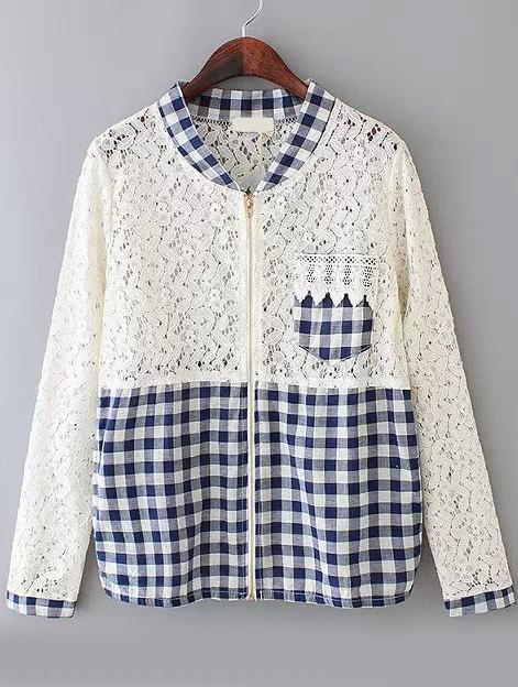Romwe Plaid Hollow Lace Blue Blouse