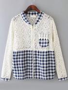 Romwe Plaid Hollow Lace Blue Blouse