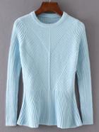 Romwe Blue Ruffle Hem Ribbed Sweater
