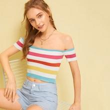 Romwe Off-shoulder Stripe Knit Tee