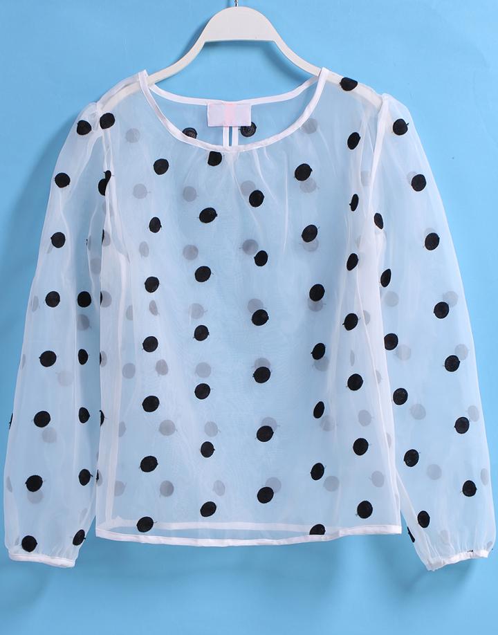 Romwe Round Neck Polka Dot Sheer Mesh White Blouse