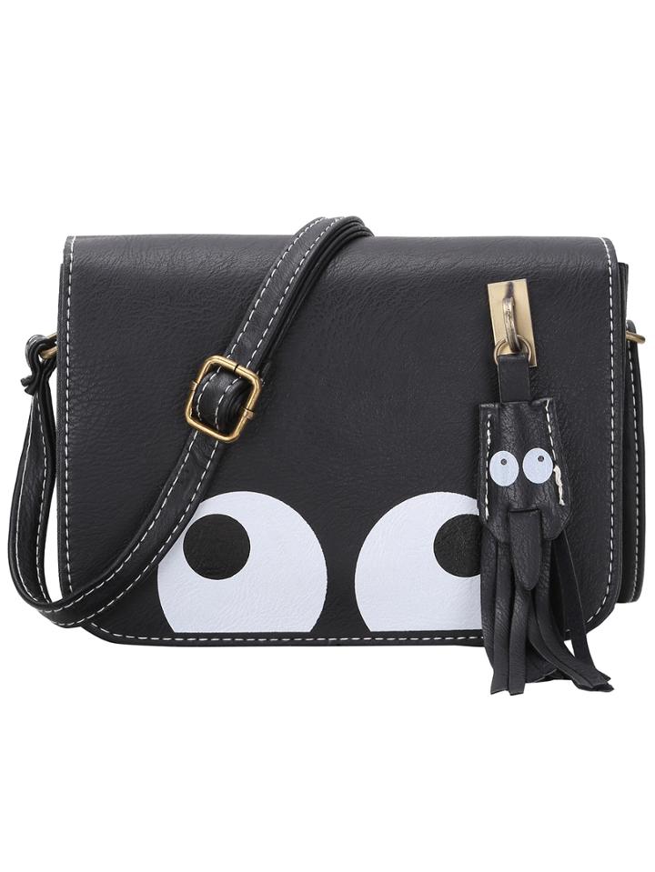 Romwe Big Eye Print Flap Satchel Bag - Grey