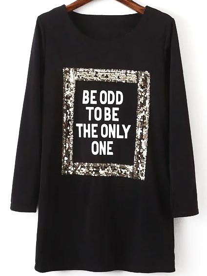 Romwe Sequined Letters Print Black Dress