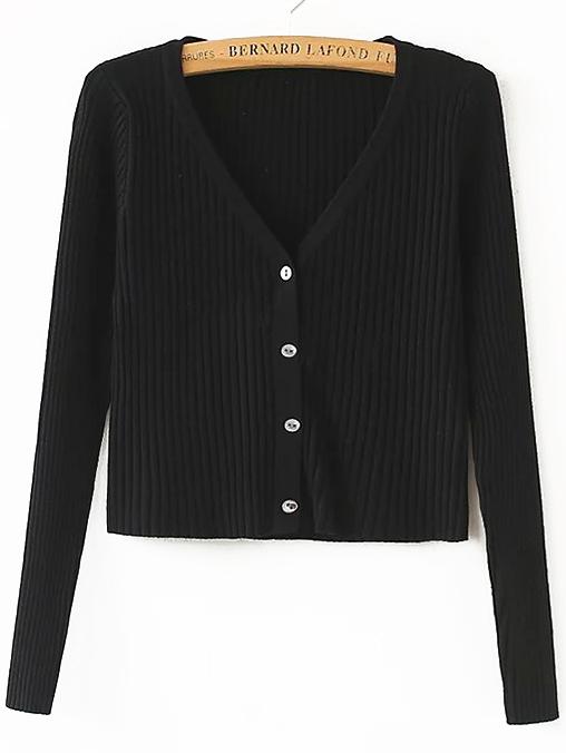 Romwe Ribbed Buttons Black Cardigan