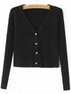 Romwe Ribbed Buttons Black Cardigan