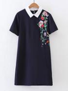 Romwe Contrast Collar Flower Embroidery Dress