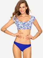 Romwe Blue Flower Print Crop Rash Guard Swimwear