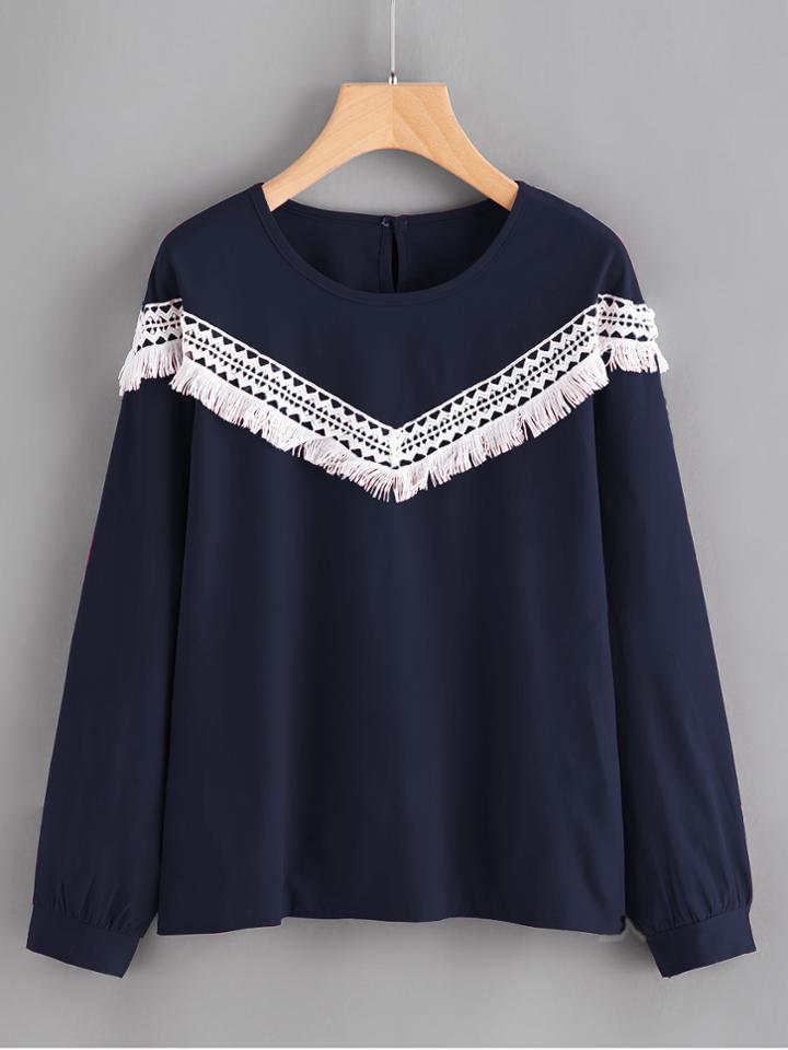 Romwe Contrast Crochet Applique Blouse