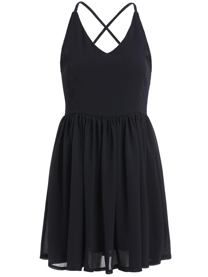 Romwe With Zipper Spaghetti Strap Pleated Black Dress