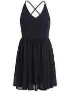 Romwe With Zipper Spaghetti Strap Pleated Black Dress