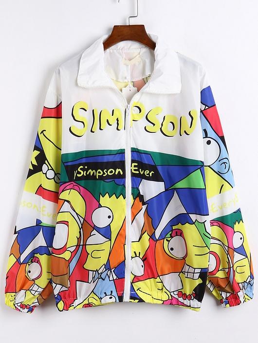 Romwe Lapel Cartoon Print Zipper Coat