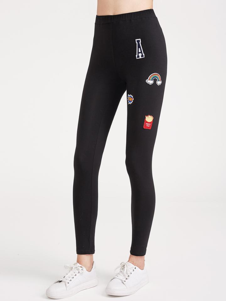 Romwe Black Embroidered Patch Applique Leggings