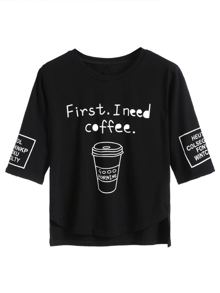 Romwe Black Coffee Cup Letters Print Dip Hem T-shirt