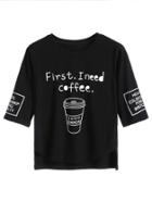 Romwe Black Coffee Cup Letters Print Dip Hem T-shirt