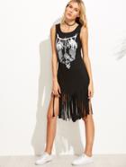 Romwe Black Printed Fringe Hem Tank Dress