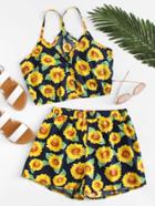 Romwe Sunflower Print Crop Top With Shorts