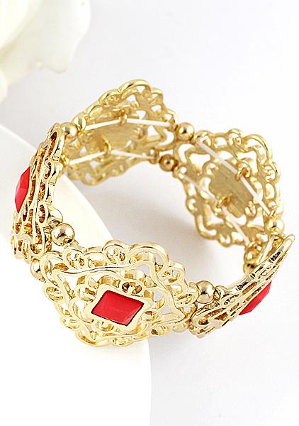 Romwe Red Gemstone Gold Hollow Bracelet