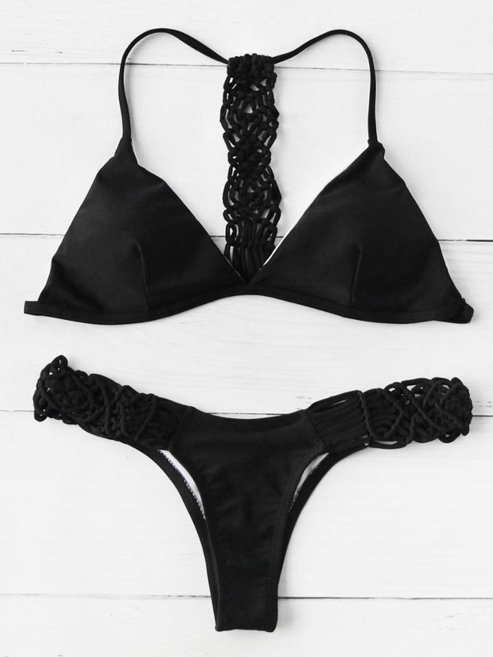 Romwe Crochet Strap Sexy Triangle Bikini Set