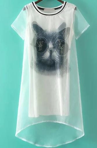 Romwe Cat Print High Low Organza Dress