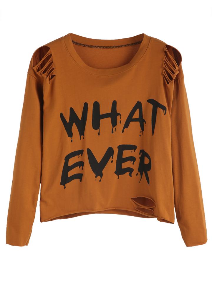Romwe Khaki Letter Print Distressed Crop T-shirt