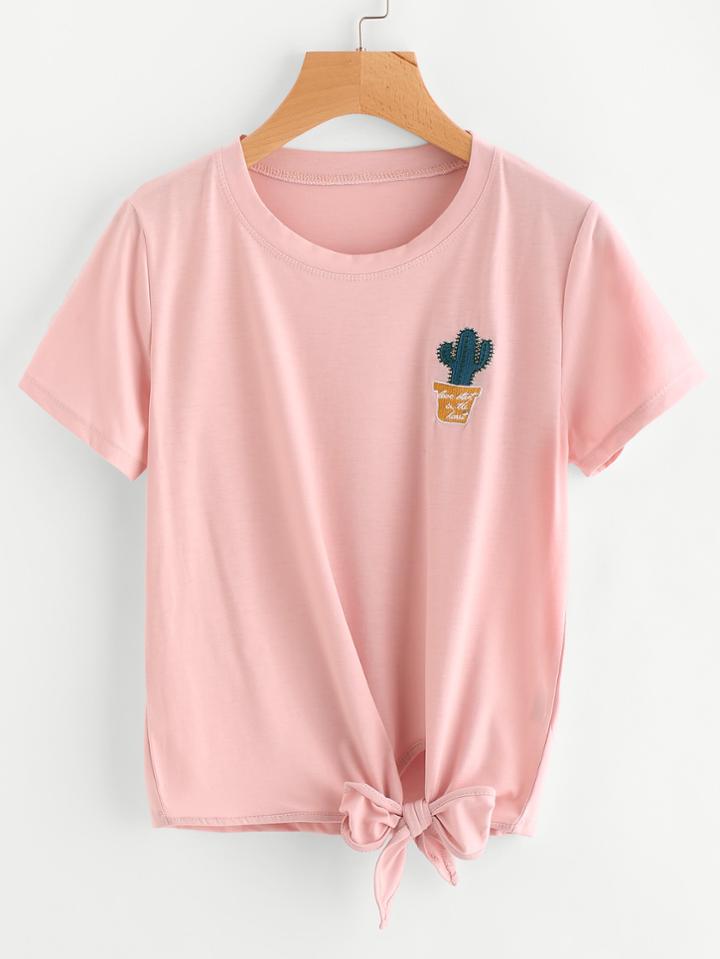 Romwe Cactus Embroidered Side Knot Tee