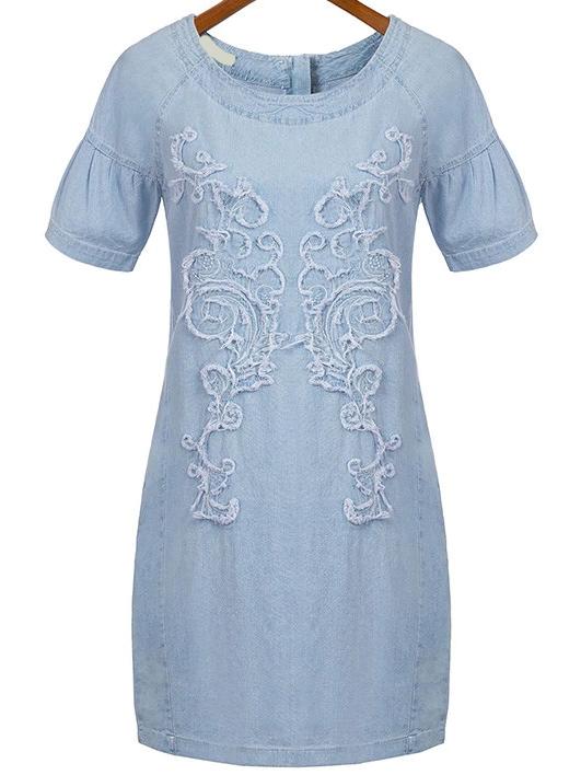 Romwe Embroidered Frayed Denim Dress With Zipper