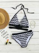 Romwe Black And White Chevron Print Halter Bikini Set