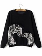 Romwe Zebra Pattern Sequined Fringe Black Sweater