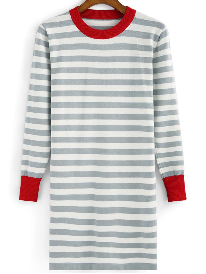 Romwe Contrast Collar Striped Long Grey Sweater