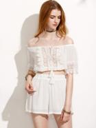 Romwe White Off The Shoulder Contrast Crochet Top With Shorts