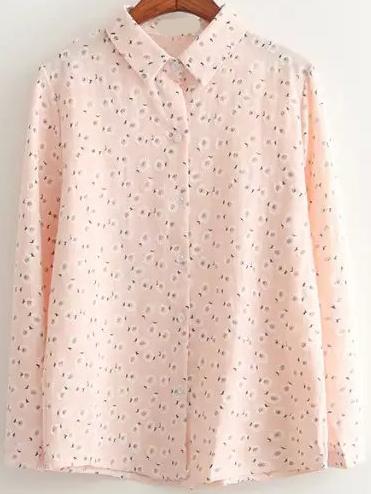 Romwe Lapel Flowers Print Buttons Pink Blouse