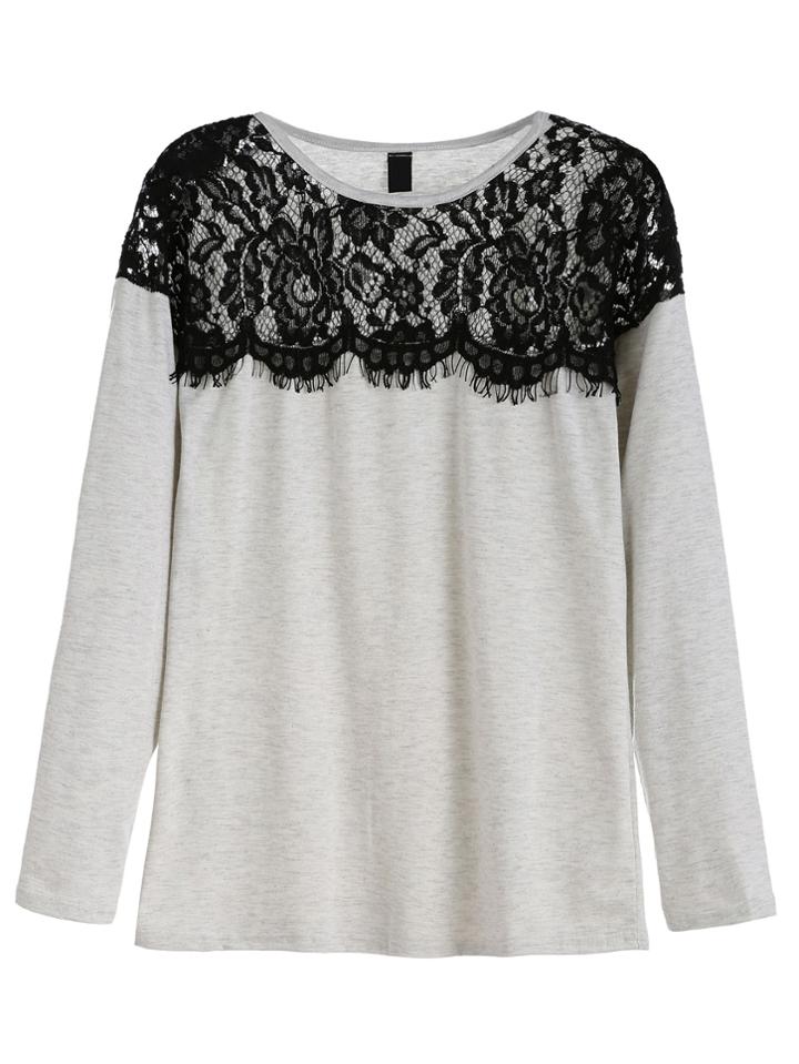 Romwe Grey Contrast Lace T-shirt